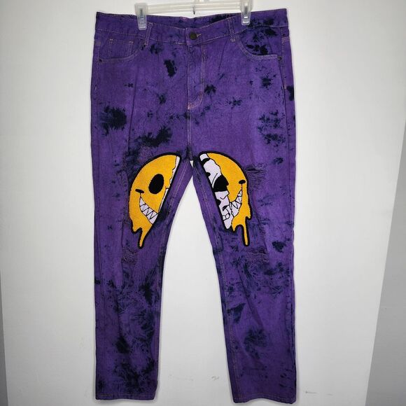 Anima Custom Streetwear Tie Dye Men‎ Sz 40 Jeans Anime Style SK8 Smile Skeleton - Picture 1 of 9